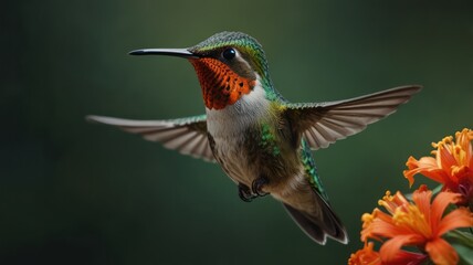 Fototapeta premium Vibrant hummingbird in flight near orange flowers.
