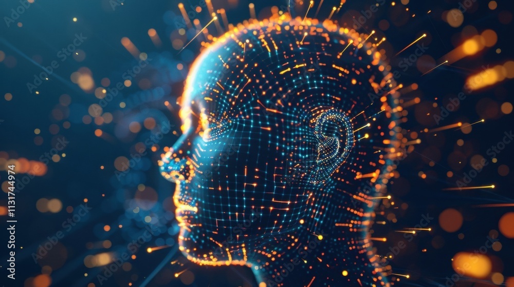 Poster complex algorithms processing big data are visualized as a futuristic head made of interconnected no