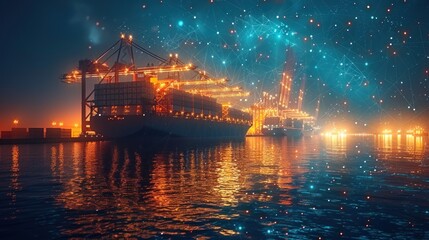 Obraz premium Global Trade at Night: Container Ship and Network