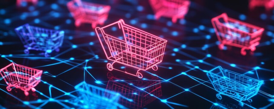 Procurement supply delivery concept. Online shopping boxes arranged in digital network, symbolizing e commerce