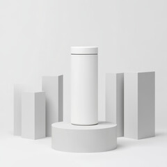 Minimalist white cylindrical product packaging on round pedestal with geometric shapes