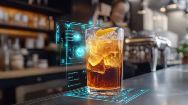 Iced drink with digital interface overlay on bar counter.