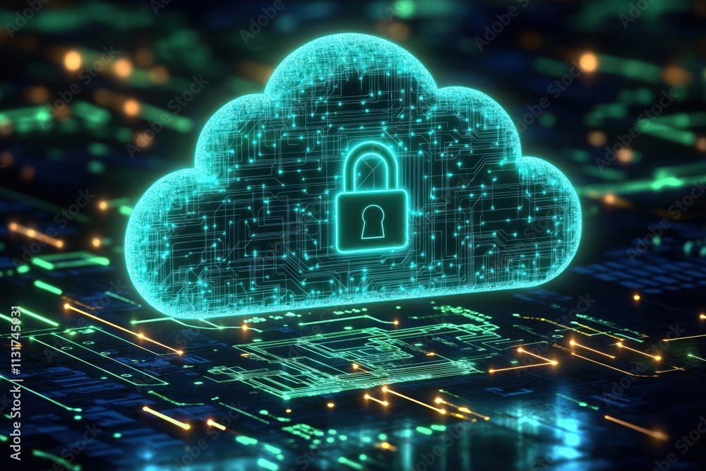 Poster secure cloud computing concept. glowing cloud with lock icon floats above tech circuit board. cloud 