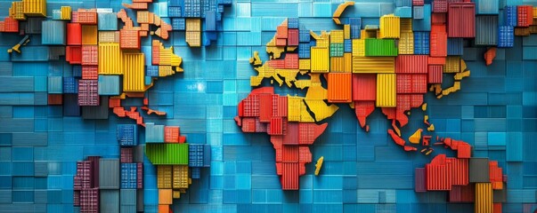 Procurement supply delivery concept. Shipping containers on colorful world map, symbolizing global trade