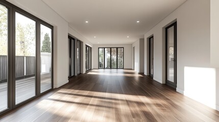Obraz premium Sunlit empty room with hardwood floors and large windows.