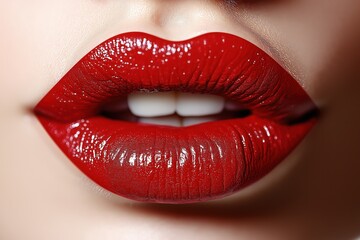 Obraz premium Closeup view of lips with red glossy lipstick. Woman with bright red lipstick. Beauty, makeup concept. Perfect for beauty products ads makeup tutorials. Attractive woman mouth with vibrant red