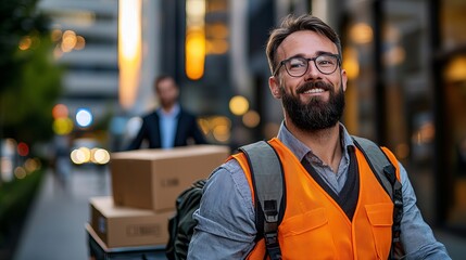 Fototapeta premium Smiling Caucasian delivery man in an orange vest with boxes at sunset in a modern urban setting.