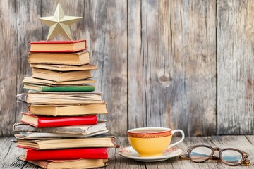 Creative DIY Christmas tree crafted from stacked books with a recycled paper star in a cozy study room