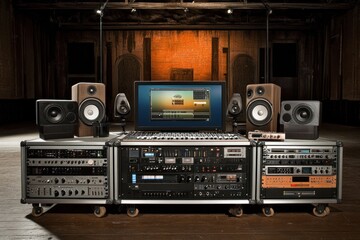 Fototapeta premium A music production setup with audio equipment and monitors in a spacious studio.