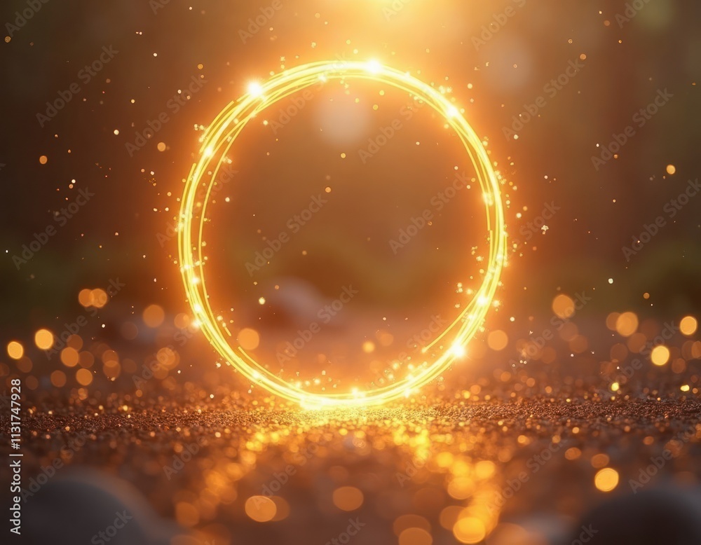 Poster Golden circle design element on golden background. Sparkling effect creates glowing aura. Abstract design for graphic design projects. Modern template for branding. Elegant visual element for