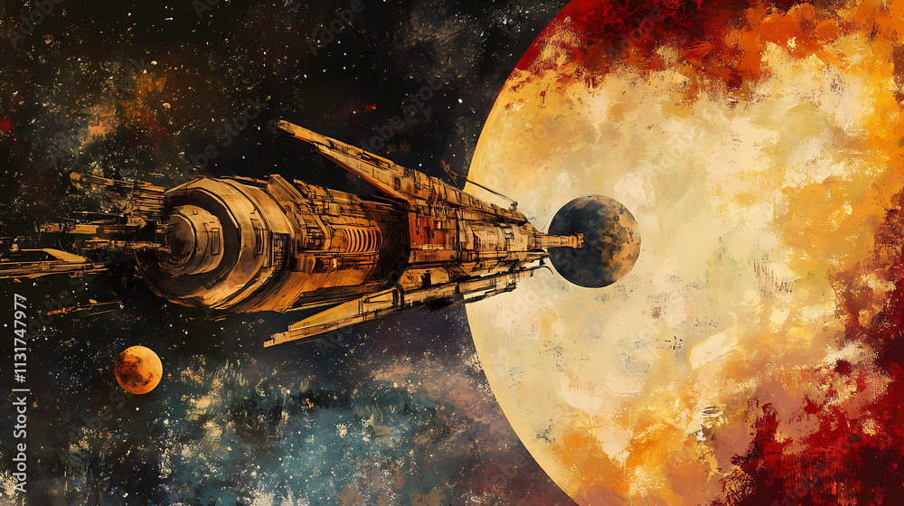Wall mural sci-fi colonization spaceship in the gravity of a planet in space. ecliptica. illustration