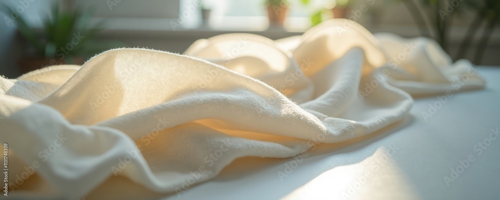 Poster soft natural tencel fabric draped on table. light reflects on textile creating beautiful texture, hi