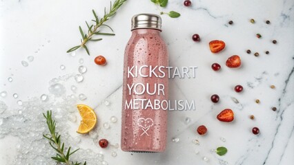 A photogenic bottle filled with a sparkling elixir stands alone on an elegant marble surface. The phrase Kickstart Your Metabolism is embossed in striking letters reflecting