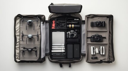 Open camera backpack with drones, cameras, and accessories.