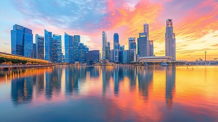 Obraz premium Vibrant sunset cityscape reflected in calm water.