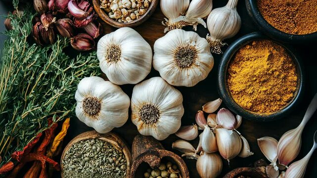 Various spices and herbs arranged with garlic and ingredients from a kitchen setting for culinary preparation