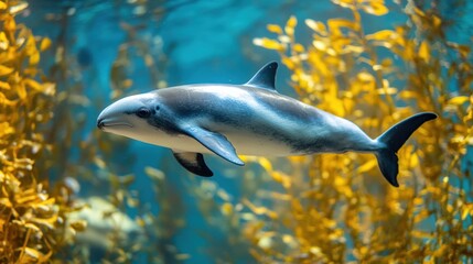 A harbor porpoise gracefully swims amidst vibrant kelp forest in an aquarium.