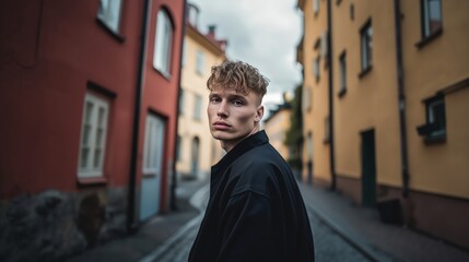 Obraz premium Man with curly hair stands in front of a building