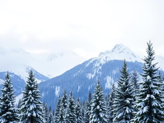 Fototapeta premium Snowboarding background featuring snow-covered mountain peaks and pine trees, nature