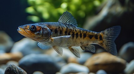 Fototapeta premium A close-up view of a fish swimming among pebbles in a serene underwater environment.