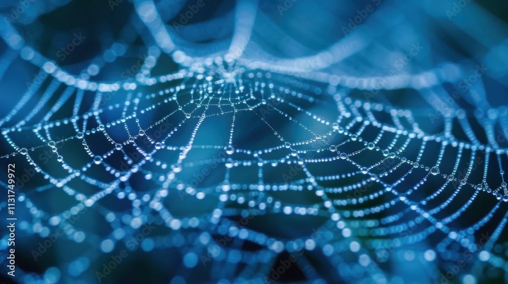Wall mural tiny dew drops clinging to the intricate threads of a spider web, glistening in the soft blue light,