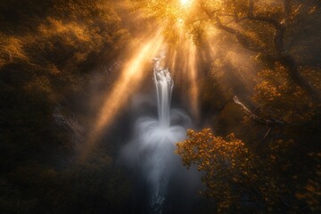 A serene waterfall surrounded by vibrant foliage and warm sunlight beams.