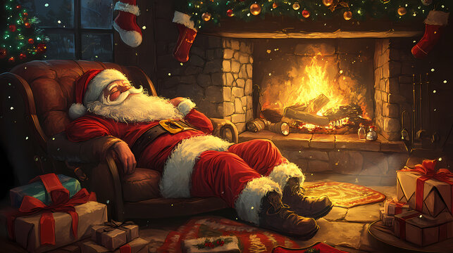 Santa snoozing by the fireplace, oblivious to mischievous elves swapping his gifts for random household items. Oblivious. Illustration