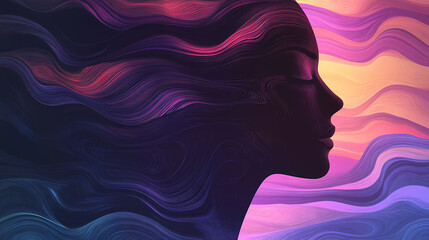 Silhouette of a female face in abstract waves portrait. psychology and amnesia concept. Oblivious. Illustration