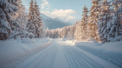 Obraz premium Delight in the tranquil beauty of a winter landscape. Fresh snow blankets the ground and trees while gentle sunlight glimmers off snowflakes, creating a peaceful retreat in nature’s embrace