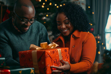 Happy Black Family Opening Christmas Gifts and Celebrating the Holidays