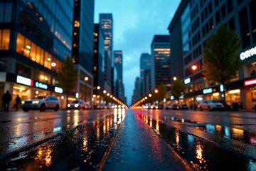 Obraz premium Bustling Business District at Dusk with Illuminated Office Buildings and Reflections on Wet Pavement