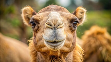 Close-up of a smiling camels face with a subtle expression and detailed fur texture ,  model