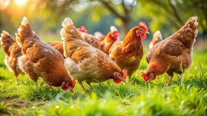 A group of chickens foraging for insects and worms in the grass