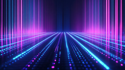 Fototapeta premium 3D render, abstract background with neon blue and purple glowing lines on a black floor in a dark room