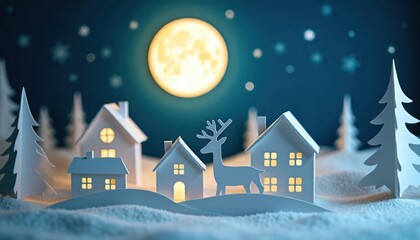 Naklejka premium Winter wonderland scene shows paper cutouts of houses trees, deer under glowing full moon. Small illuminated houses sit on snowy hills. Silhouette of deer stands between houses. Night scene with