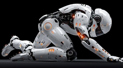 Futuristic white robot kneeling, mechanical limbs, glowing orange accents, detailed machinery visible.