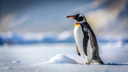 Obraz premium Penguin standing alone in a field of snow with its feathers ruffled by the wind, adventurous, animal, beak, birds, cold
