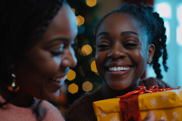 Happy Black Family Opening Christmas Gifts and Celebrating the Holidays