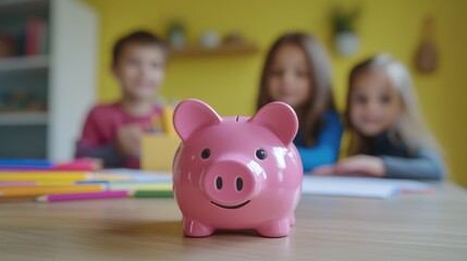 Obraz premium Children saving money, focusing on a pink piggy bank, with colorful drawing supplies on a table. Kids looking at piggy bank.
