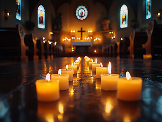  An image of a church altar with lit candles, a cross, and an open Bible, creating a serene and reverent atmosphere, captured with warm and peaceful lighting.