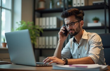 Indian man sits in office. Uses laptop, phone. Looks worried. Businessman problem. Seems stressed. Work not going well. Difficult conversation. Working hard. Office interior visible. Modern tech
