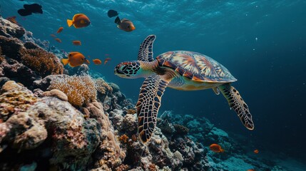 Fototapeta premium Underwater wildlife featuring colorful reef fish, sea turtles, and intricate coral formations