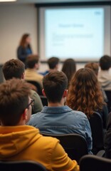Obraz premium Diverse college students attentively listen to presentation. Students sit in classroom setting. Speaker stands at front. Group of people listen. Classroom atmosphere. Focus on student engagement.