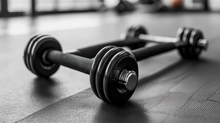 Pair of dumbbells resting on gym floor.