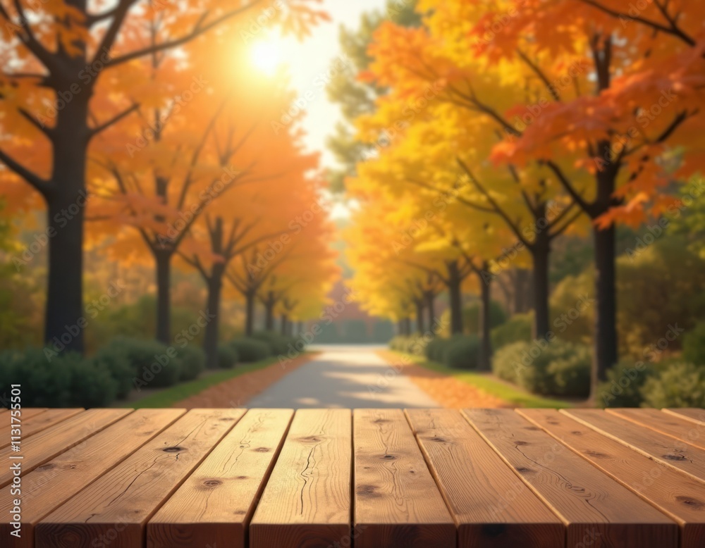 Aufkleber empty brown wooden table sits in front of autumnal maple trees. sunlight shines through trees creati