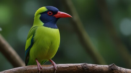 Vibrant green bird with red beak perched on branch. (1)