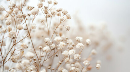 Gypsophila delicate romantic dry little white flowers on light background