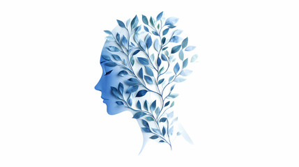 Fototapeta premium Dementia concept. illustration of blue head shaped plant losing leaves on white background isolated with white highlights, png. Oblivious. Illustration
