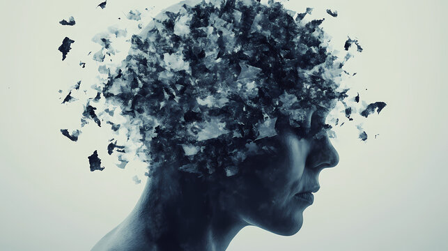 Human head implosion and brain loss. alzheimer concept idea. person head losing parts of his memory with white shades, png. Oblivious. Illustration