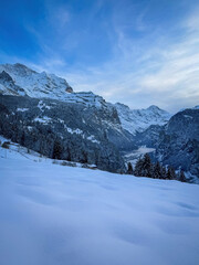 Fototapeta premium Panoramic view of Lauterbrunnen Valley, Switzerland seen from Wengen with snowcovered Breithorn (middle) and Jungfrau (left) mountain in winter against blue sky with clouds